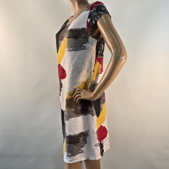 Terzo Millennio Italy Abstract Print Linen Shift Dress Size M Cap Sleeve Pockets - Picture 8 of 13